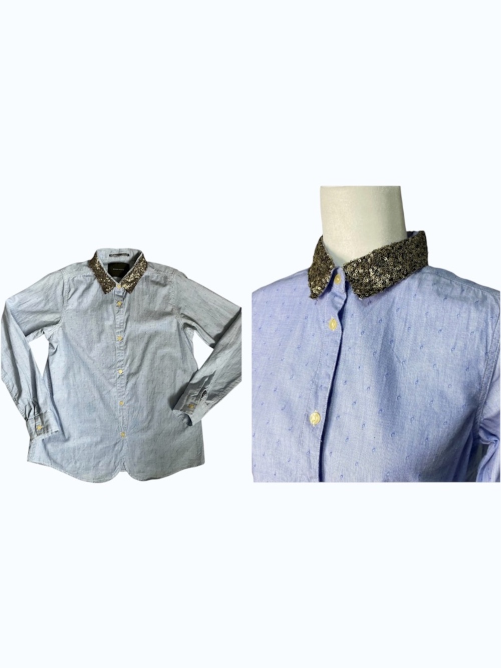 Scotch & Soda Maison Scotch Blue Button Up Shirt Metallic Sequin Collar S